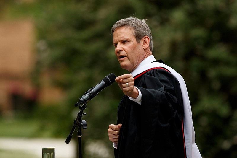 Staff photo by Doug Strickland / 
Gov. Bill Lee gives the commencement address during Bryan College's spring commencement ceremony on Saturday, May 4, 2019, in Dayton, Tenn. Lee was awarded an honorary doctorate of humane letters during the ceremony. In his first commencement address as governor, Lee spoke about how his faith helped him overcome tragedy following the death of his first wife in a horseback riding accident.