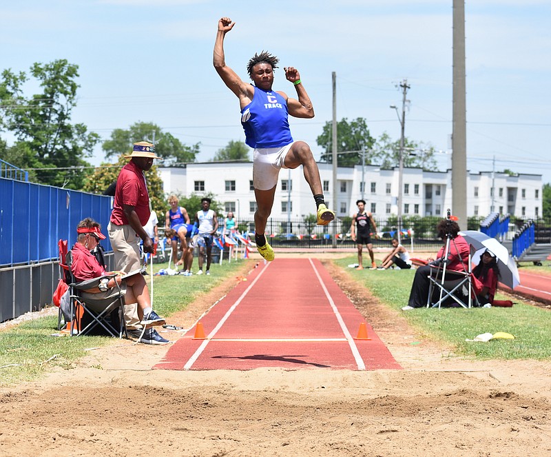 Cleveland senior David Dorsey takes flight on his final long jump, which won him the Division I Large Class state championship at 23 feet, 3 inches. The Blue Raiders finished third as a team at the Spring Fling.