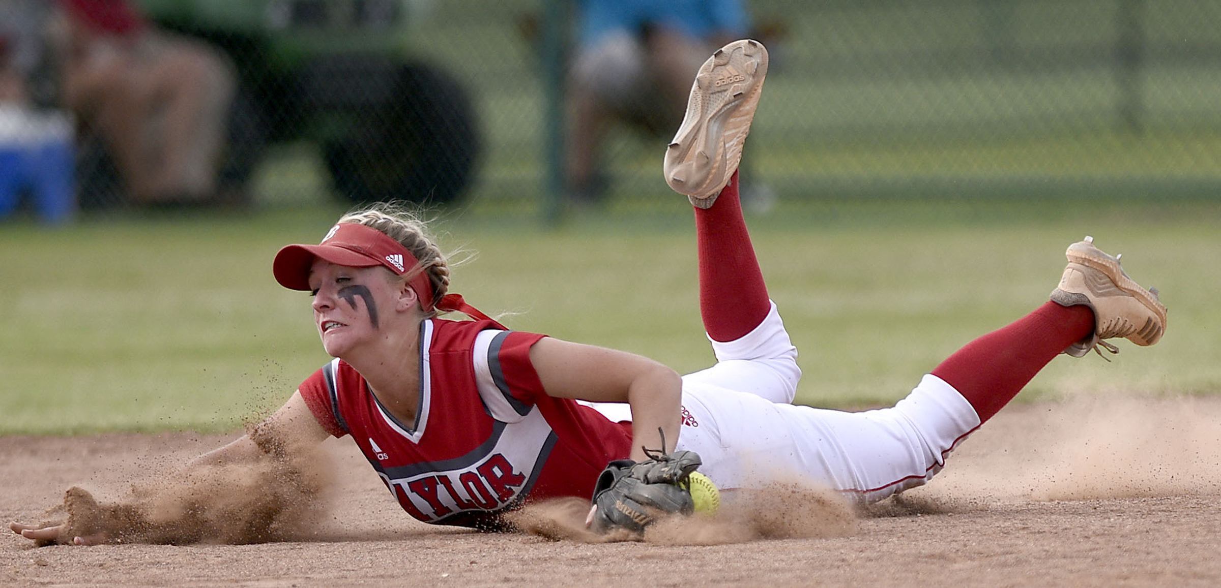 Baylor second baseman Abby McNamara (3) makes the stop on a hard hit ball, but can not make the throw. Baylor defeated GPS 2-1 for the TSSAA Division II Class AA softball championship at the Starplex in Murfreesboro on May 23, 2019.