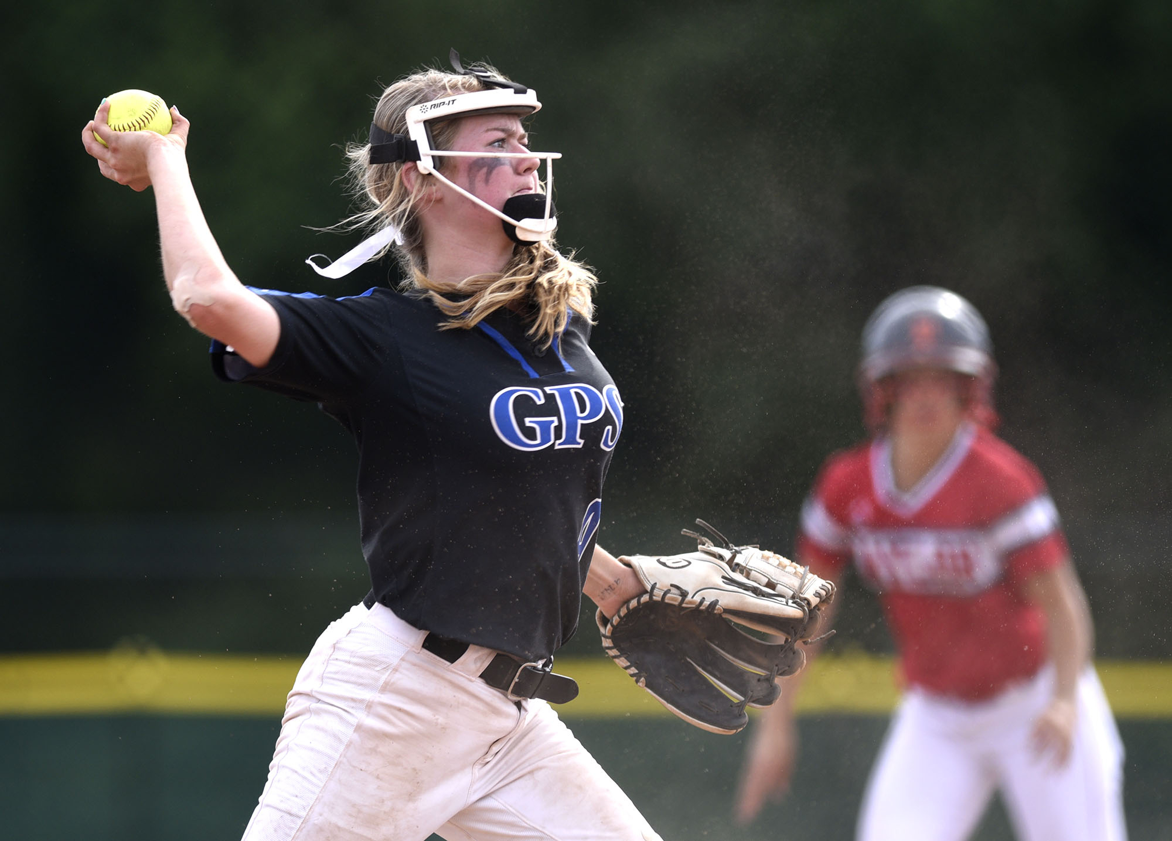 GPS third baseman Brynley Oliver (4) throws to first. Baylor defeated GPS 2-1 for the TSSAA Division II Class AA softball championship at the Starplex in Murfreesboro on May 23, 2019.