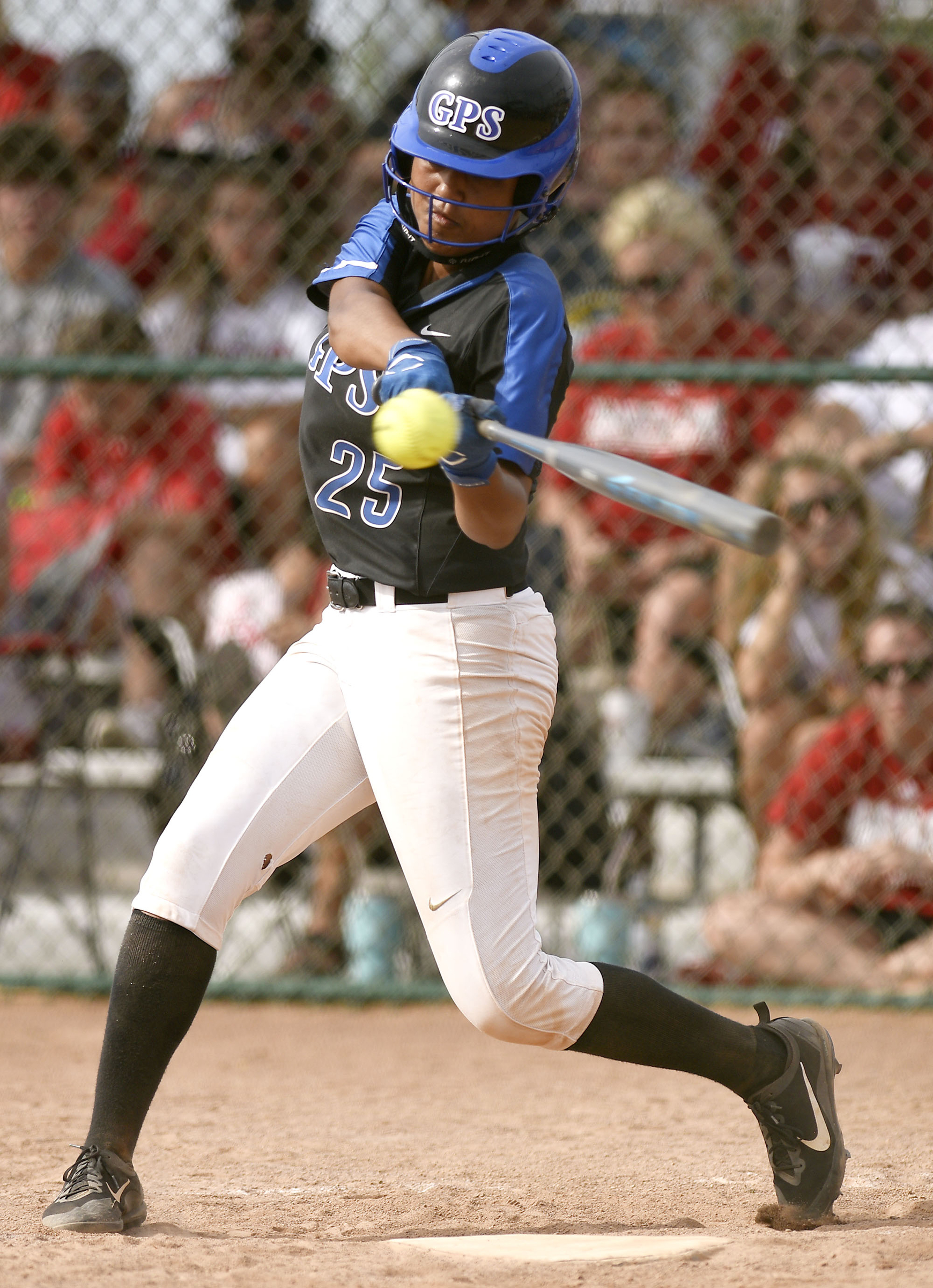 GPS's Ariana Whatley (25) makes contact with the ball. Baylor defeated GPS 2-1 for the TSSAA Division II Class AA softball championship at the Starplex in Murfreesboro on May 23, 2019.