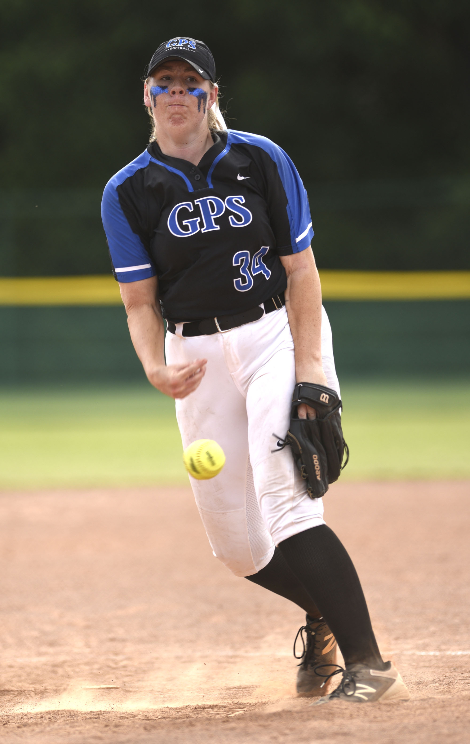 Hannah Sanders (34) pitches for GPS. Baylor defeated GPS 2-1 for the TSSAA Division II Class AA softball championship at the Starplex in Murfreesboro on May 23, 2019.