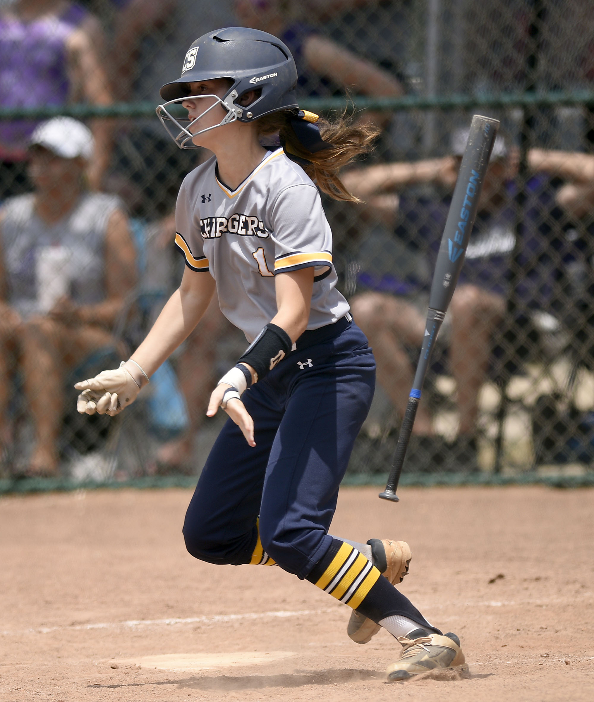 CCS's Lauren Day (1) drops her bat as she hits a single. Chattanooga Christian School lost to King's Academy 3-1 in the finals of the TSSAA Division II Class A softball championship held at the Starplex in Murfreesboro on May 24, 2019.