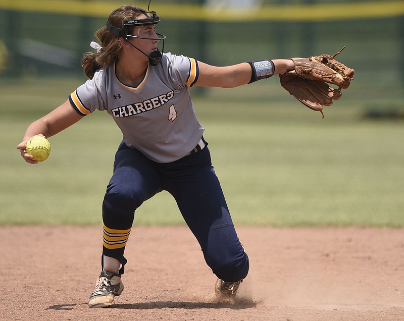 CCS second baseman Madison Vandergriff (4) throws to first after stopping a hot grounder.  Chattanooga Christian School lost to King's Academy 3-1 in the finals of the TSSAA Division II Class A softball championship held at the Starplex in Murfreesboro on May 24, 2019.