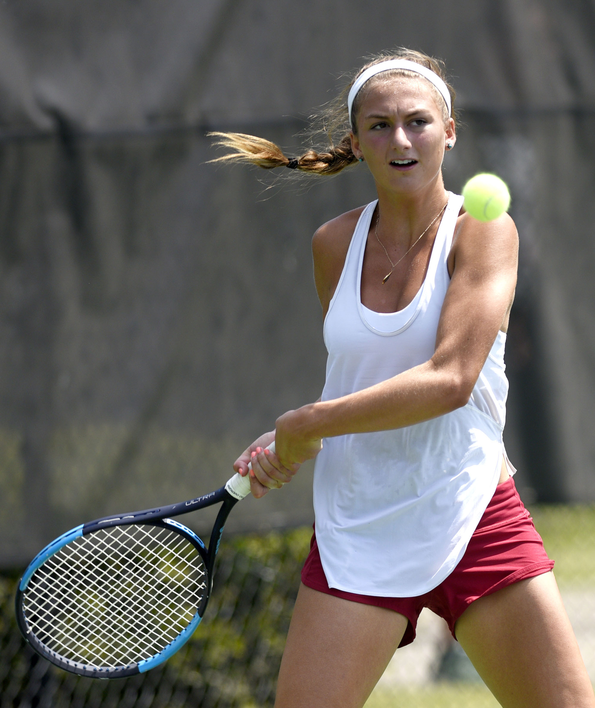 Baylor's Landie McBrayer hits a forehand in her match with MUS's Maggie Cannata. The finals of the TSSAA Tennis Tournament were held at the Adams Tennis Complex in Murfreesboro on May 24, 2019.