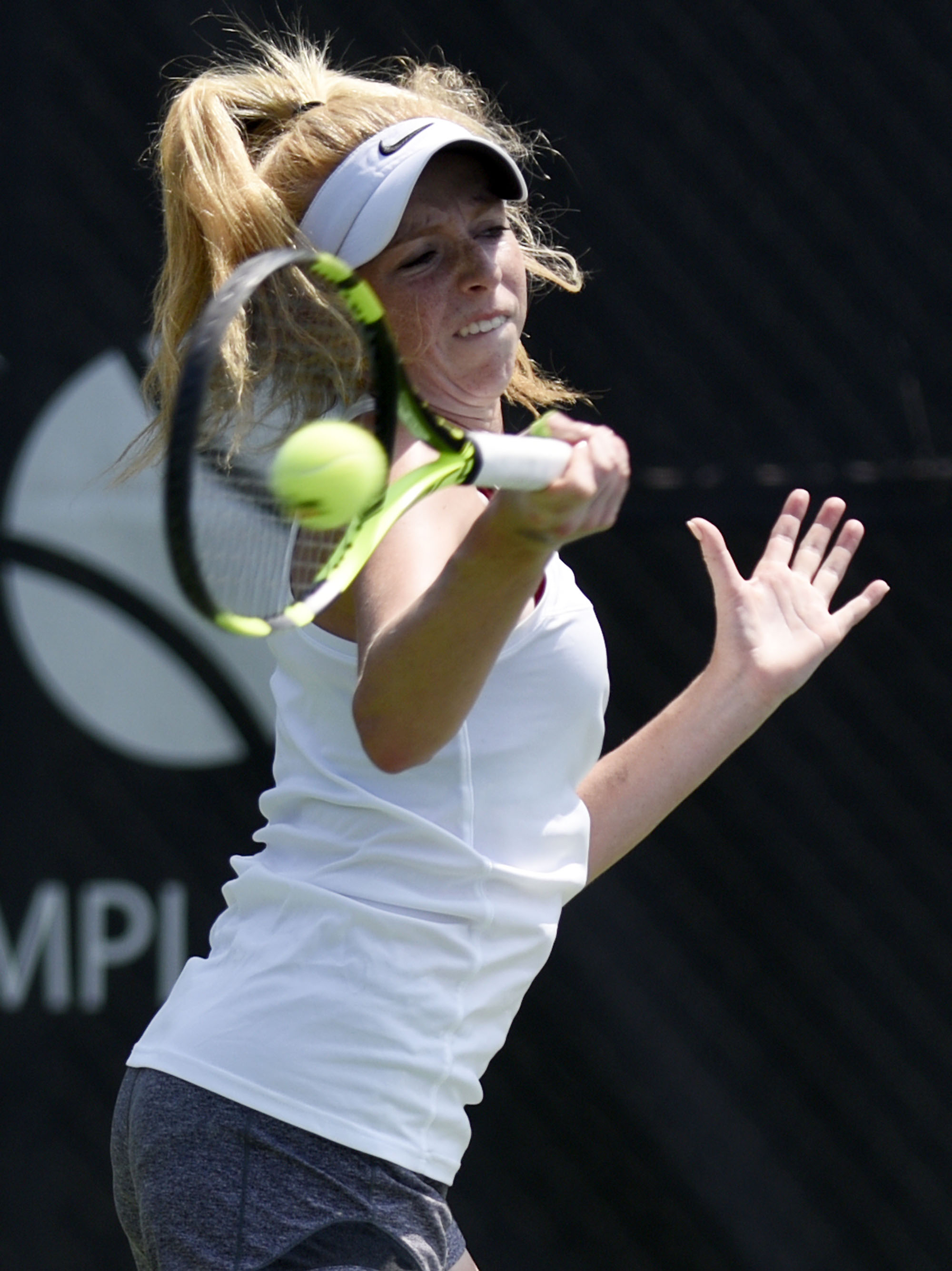 Silverdale's Addison Horton returns a forehand in her match with Audrey Yoon of Knoxville Webb. The finals of the TSSAA Tennis Tournament were held at the Adams Tennis Complex in Murfreesboro on May 24, 2019.