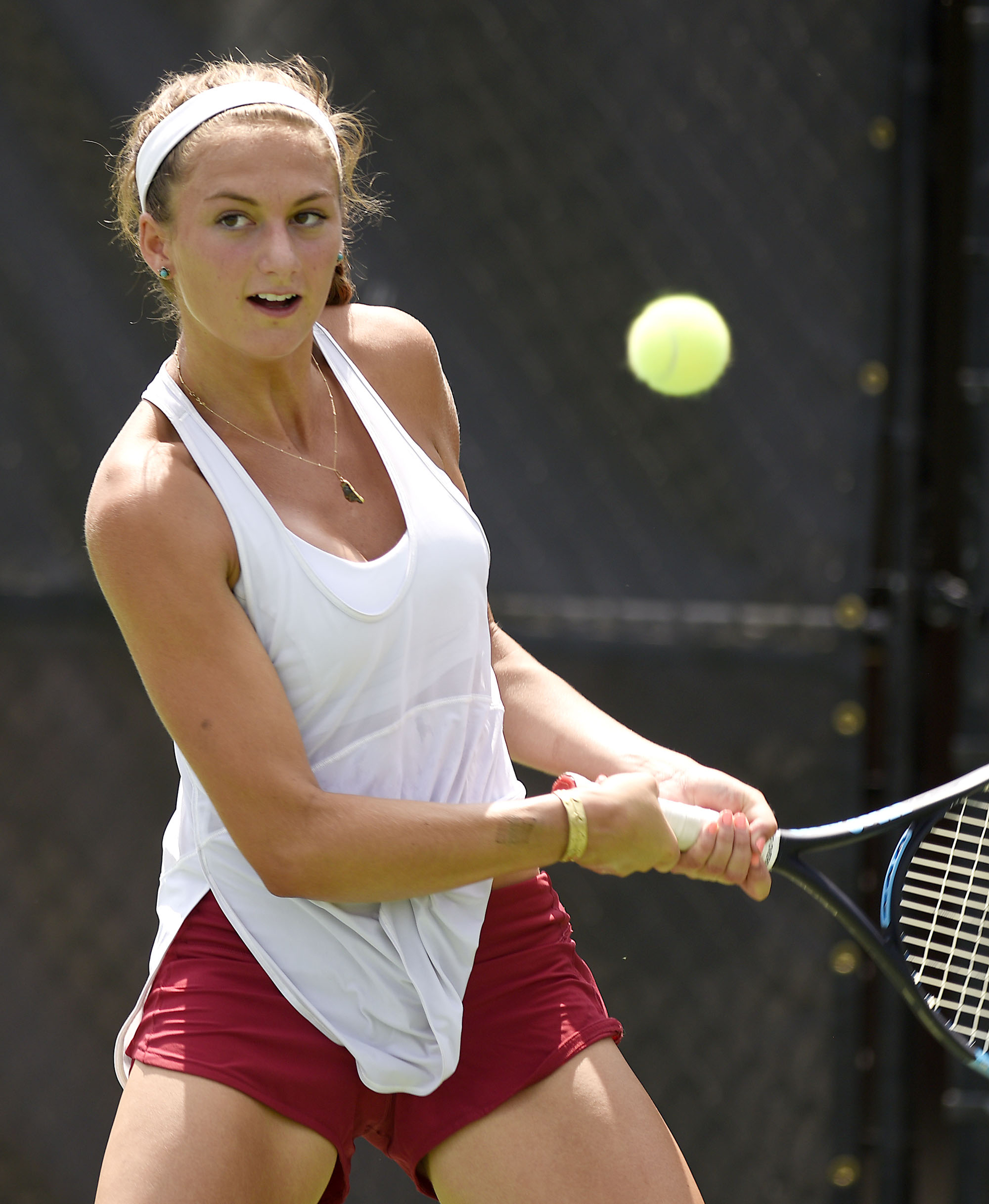 Baylor's Landie McBrayer hits a backhand in her match with MUS's Maggie Cannata. The finals of the TSSAA Tennis Tournament were held at the Adams Tennis Complex in Murfreesboro on May 24, 2019.