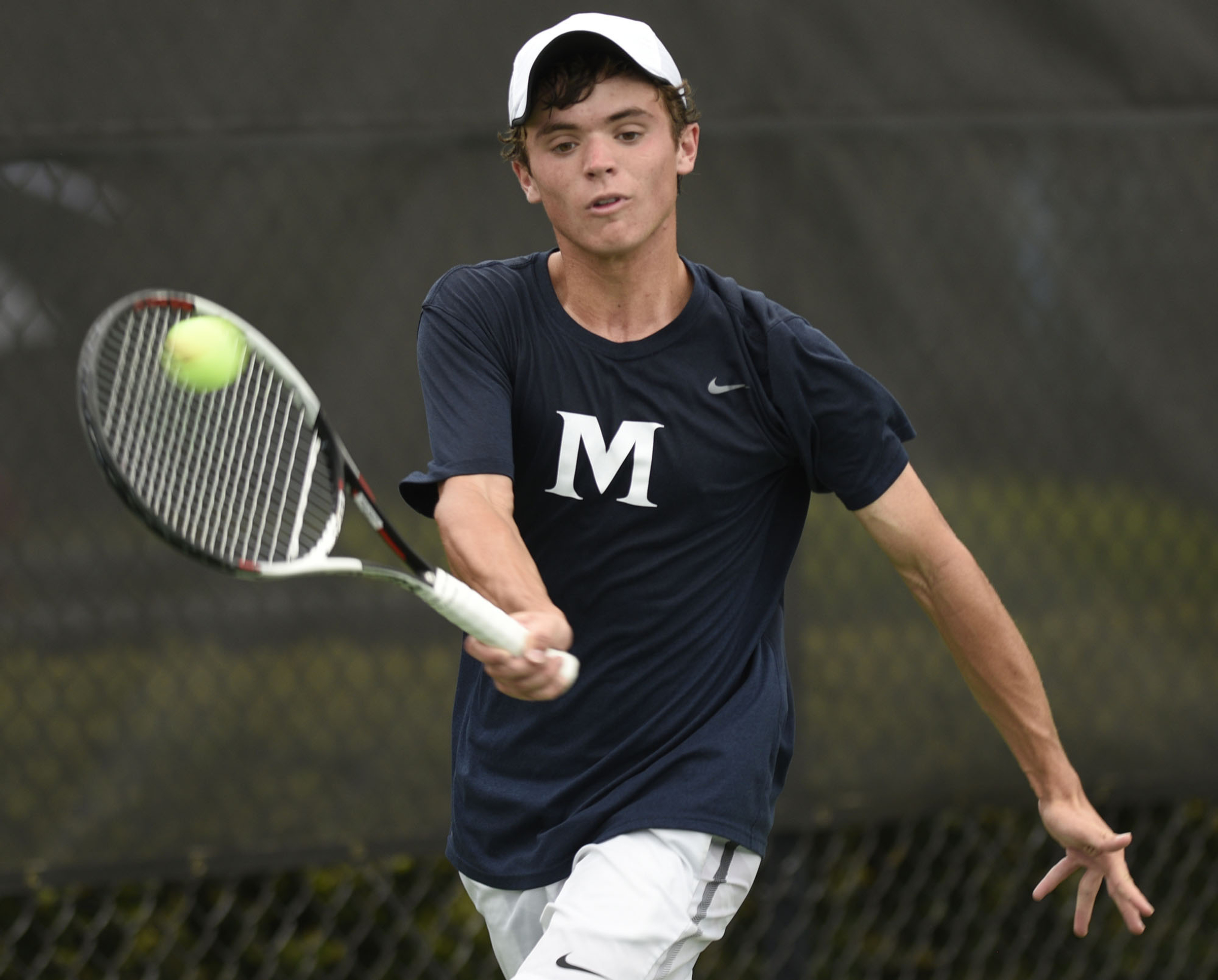 McCallie's Will Leathers hits a forehand during his watch with Baylor Sai of MBA. The finals of the TSSAA Tennis Tournament were held at the Adams Tennis Complex in Murfreesboro on May 24, 2019.