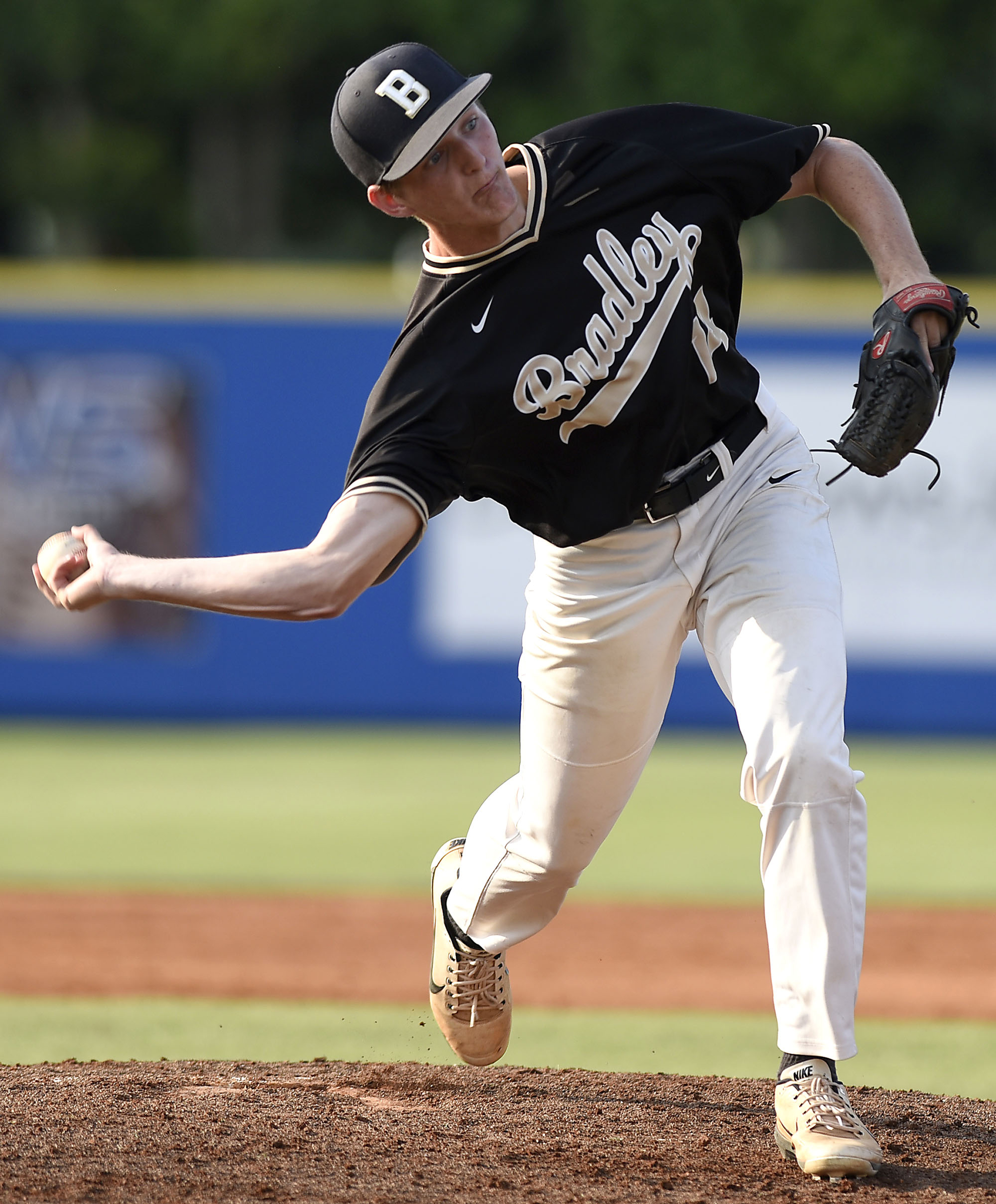 Bradley pitcher Jake Prock (14) delivers to the plate using the submarine style. The Bradley Central Bears lost to the Farragut Admirals in the championship game of the TSSAA Class AAA baseball tournament at Reese Smith Jr. Field on the campus of Middle Tennessee University in Murfreesboro on May 24, 2019.