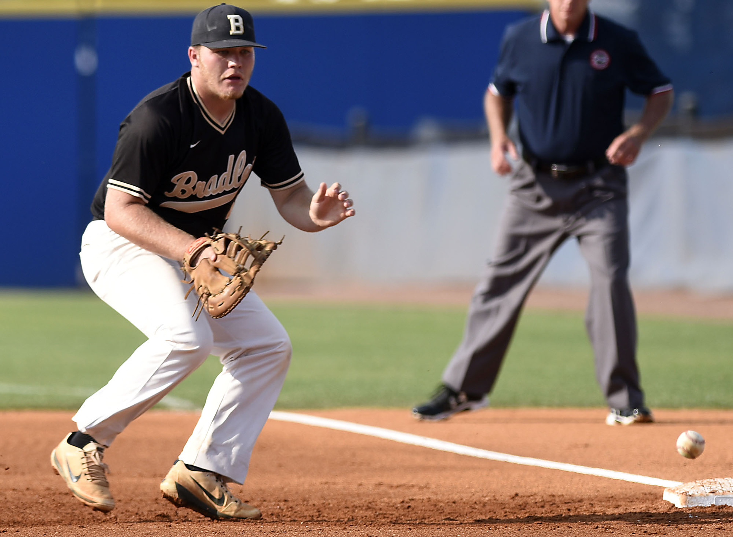 Bradley first baseman Jake Thompson (29) fields a ground ball. The Bradley Central Bears lost to the Farragut Admirals in the championship game of the TSSAA Class AAA baseball tournament at Reese Smith Jr. Field on the campus of Middle Tennessee University in Murfreesboro on May 24, 2019.