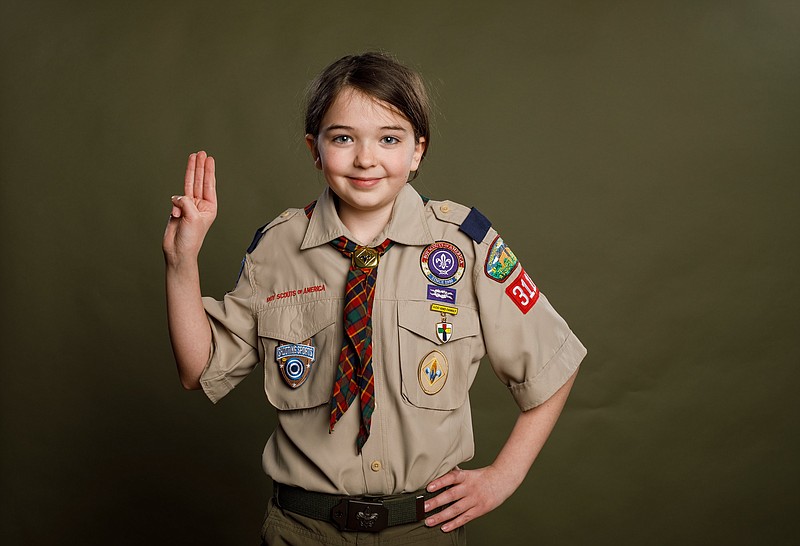 Ansley Close, who joined the Boy Scouts of America after Scouting began to admit girls, poses for a portrait in the Times Free Press studio on Wednesday, April 3, 2019, in Chattanooga, Tenn. / Staff photo by Doug Strickland