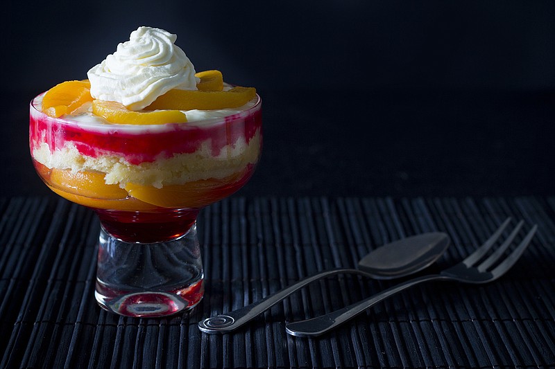 Individual Trifle with Peaches, Custard, Jelly and Sponge