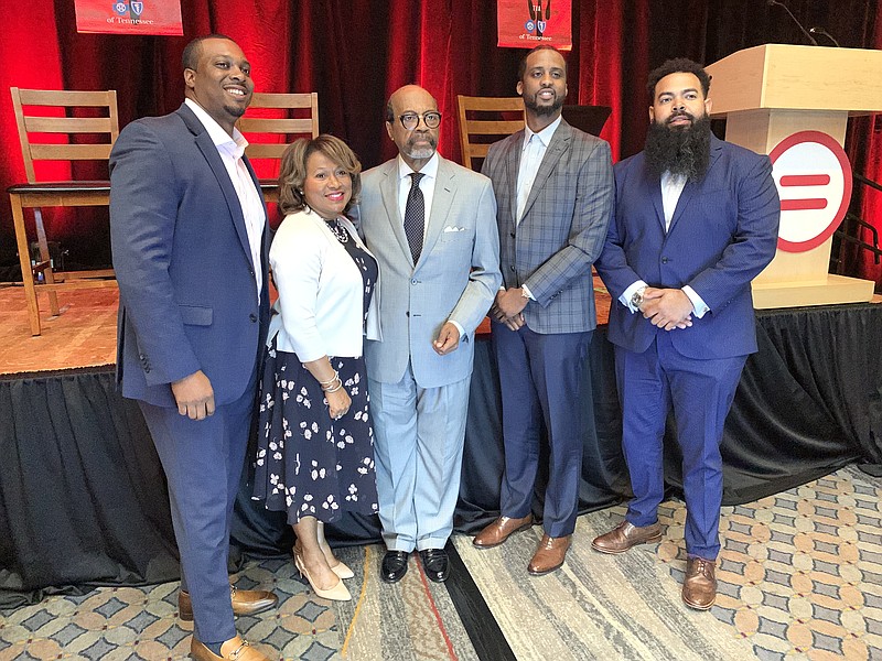 From left to right: Slim and Husky's co-founder Derrick Moore; Urban League Board Chair Dorothy Grisham; Urban League President Warren E. Logan Jr.; Slim and Husky's co-founder E.J. Reed; and Slim and Husky's co-founder Clint Gray. Moore, Reed and Gray were the keynote speakers at the Urban League of Greater Chattanooga's sixth annual "Entrepreneur Power Luncheon" on Tuesday.