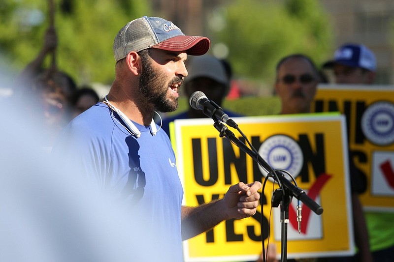 Billy Quigg, a VW Chattanooga employee, speaks during a rally for working families, laborers and community leaders held by Chattanooga Area Labor Council Monday, May 20, 2019 at Miller Park in Chattanooga, Tennessee. Quigg said that Volkswagen is trying to deny the legal rights of its employees.