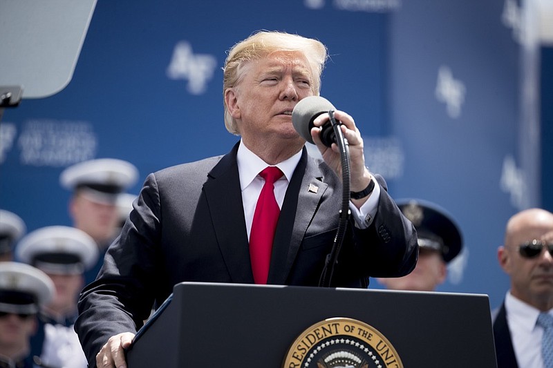 President Donald Trump speaks during the 2019 United States Air Force Academy Graduation Ceremony at Falcon Stadium, Thursday, May 30, 2019, at the United States Air Force Academy, in Colorado Springs, Colo. (AP Photo/Andrew Harnik)