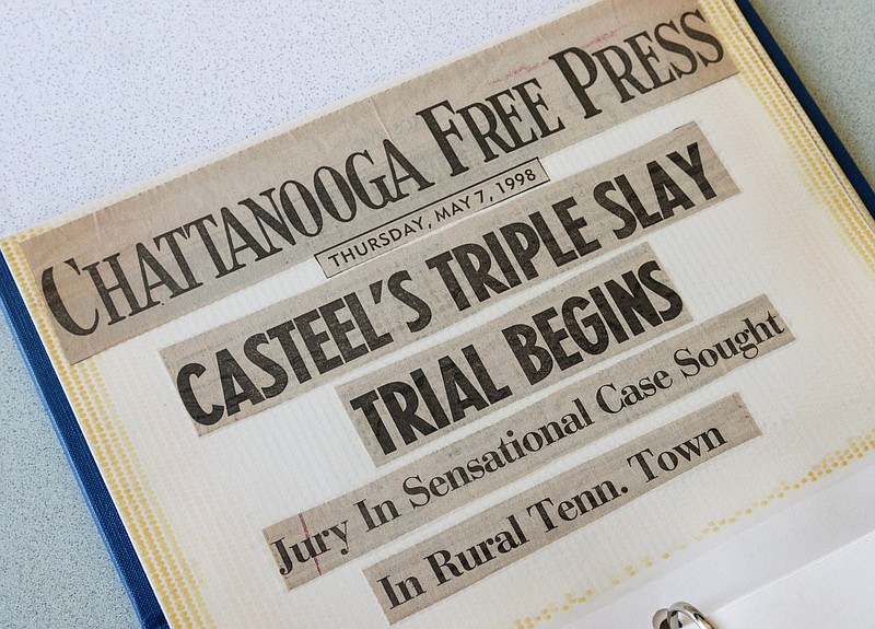 News clippings from the trial of Frank Casteel, who was convicted of a 1988 triple-murder on Signal Mountain, are seen on Friday, May 31, 2019, in Chattanooga, Tenn. Casteel, 71, died in prison Friday while serving a life sentence for killing Richard Mason, Kenneth Griffith and Earl Smock.