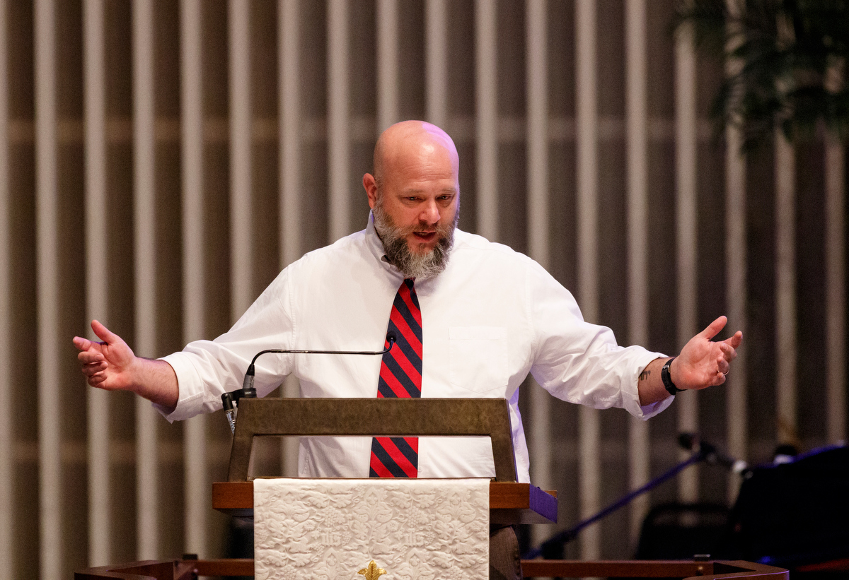 Rev. Brian Ward gives a eulogy for author Rachel Held Evans during her funeral at First-Centenary United Methodist Church on Saturday, June 1, 2019, in Chattanooga, Tenn. Evans was a Dayton, Tenn., resident who authored books including "A Year of Biblical Womanhood," "Searching for Sunday" and "Inspired: Slaying Giants, Walking on Water, and Loving the Bible Again."