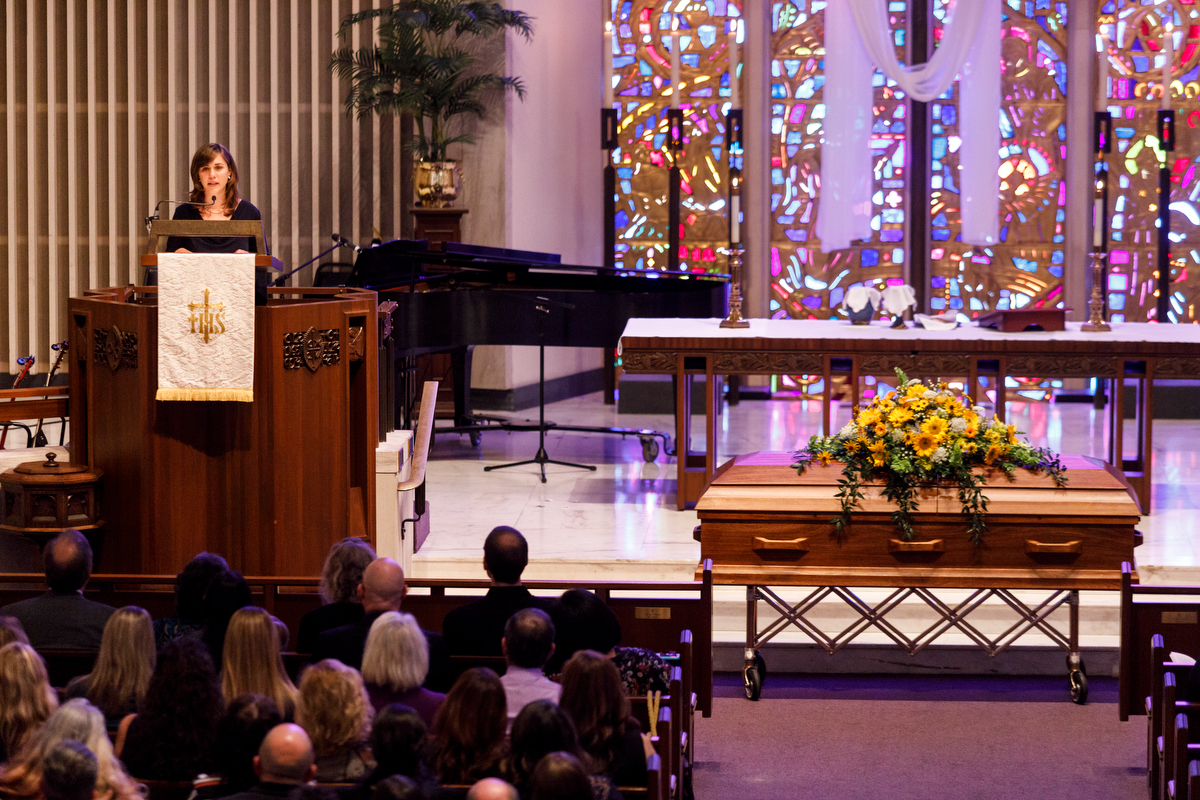Amanda Held Opelt gives a eulogy for her sister, author Rachel Held Evans, during her funeral at First-Centenary United Methodist Church on Saturday, June 1, 2019, in Chattanooga, Tenn. Evans was a Dayton, Tenn., resident who authored books including "A Year of Biblical Womanhood," "Searching for Sunday" and "Inspired: Slaying Giants, Walking on Water, and Loving the Bible Again."