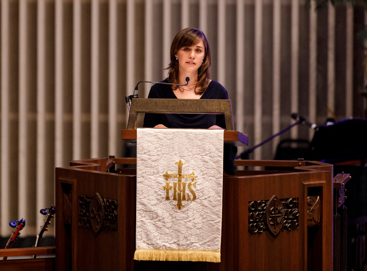 Amanda Held Opelt gives a eulogy for her sister, author Rachel Held Evans, during her funeral at First-Centenary United Methodist Church on Saturday, June 1, 2019, in Chattanooga, Tenn. Evans was a Dayton, Tenn., resident who authored books including "A Year of Biblical Womanhood," "Searching for Sunday" and "Inspired: Slaying Giants, Walking on Water, and Loving the Bible Again."