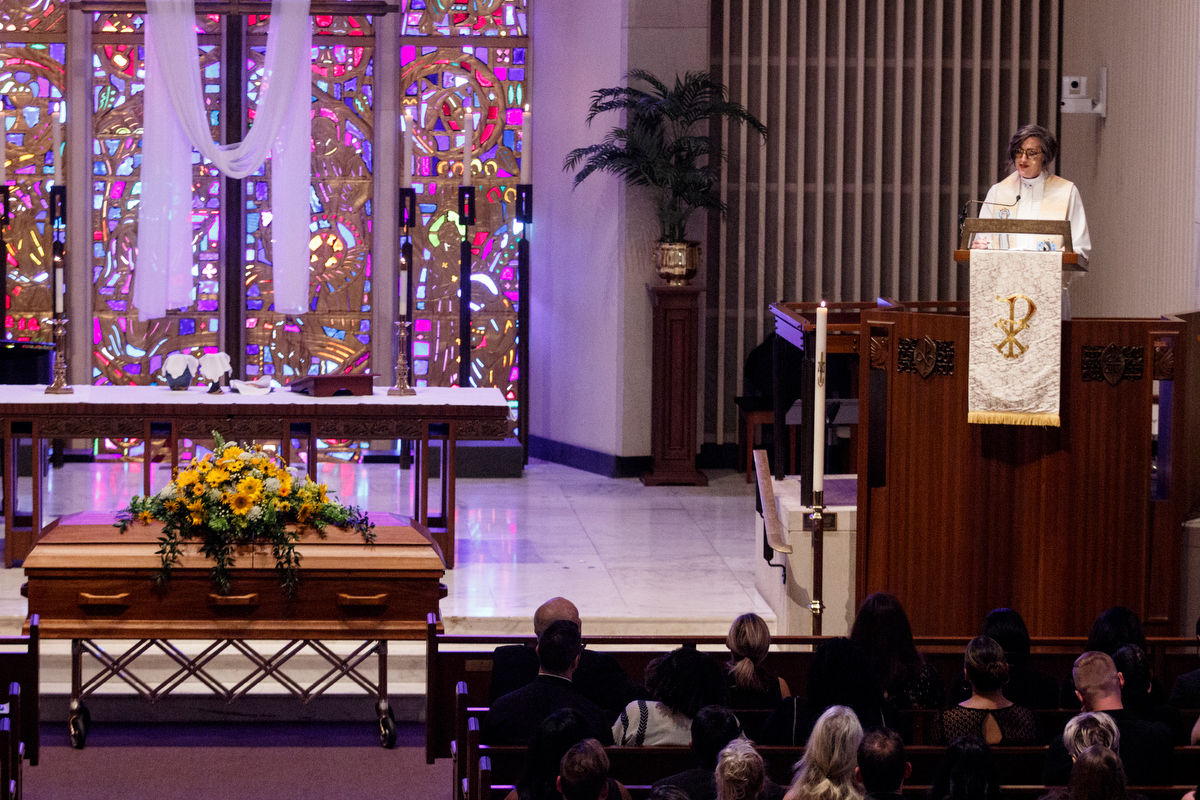 Rev. Nadia Bolz-Weber offers a sermon during the funeral service for Christian author Rachel Held Evans at First-Centenary United Methodist Church on Saturday, June 1, 2019, in Chattanooga, Tenn. Evans was a Dayton, Tenn., resident who authored books including "A Year of Biblical Womanhood," "Searching for Sunday" and "Inspired: Slaying Giants, Walking on Water, and Loving the Bible Again."