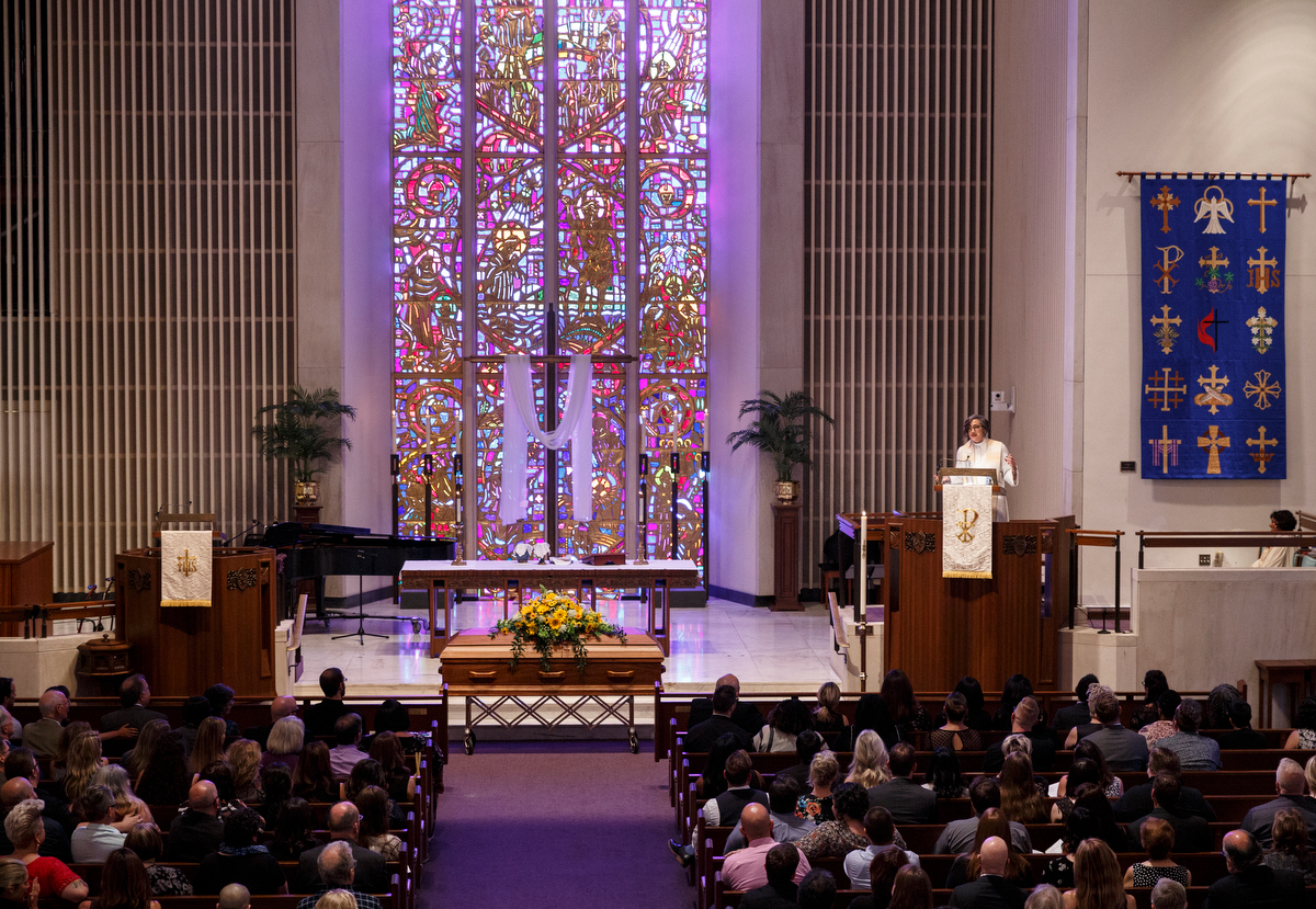 Rev. Nadia Bolz-Weber offers a sermon during the funeral service for Christian author Rachel Held Evans at First-Centenary United Methodist Church on Saturday, June 1, 2019, in Chattanooga, Tenn. Evans was a Dayton, Tenn., resident who authored books including "A Year of Biblical Womanhood," "Searching for Sunday" and "Inspired: Slaying Giants, Walking on Water, and Loving the Bible Again."