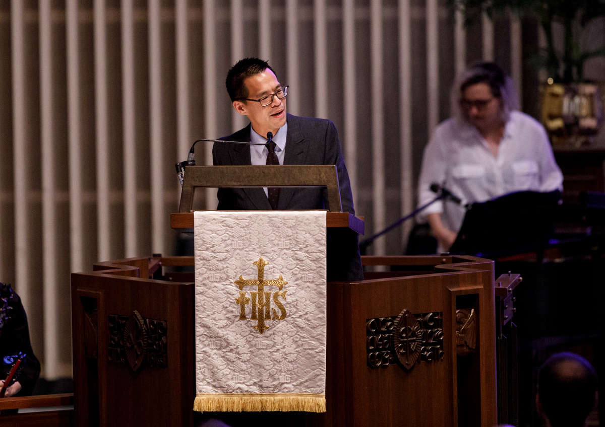 Jeff Chu offers a prayer during the funeral service for Christian author Rachel Held Evans at First-Centenary United Methodist Church on Saturday, June 1, 2019, in Chattanooga, Tenn. Evans was a Dayton, Tenn., resident who authored books including "A Year of Biblical Womanhood," "Searching for Sunday" and "Inspired: Slaying Giants, Walking on Water, and Loving the Bible Again."