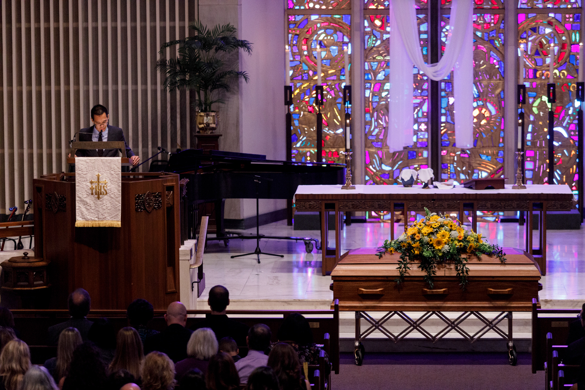 Jeff Chu offers a prayer during the funeral service for Christian author Rachel Held Evans at First-Centenary United Methodist Church on Saturday, June 1, 2019, in Chattanooga, Tenn. Evans was a Dayton, Tenn., resident who authored books including "A Year of Biblical Womanhood," "Searching for Sunday" and "Inspired: Slaying Giants, Walking on Water, and Loving the Bible Again."