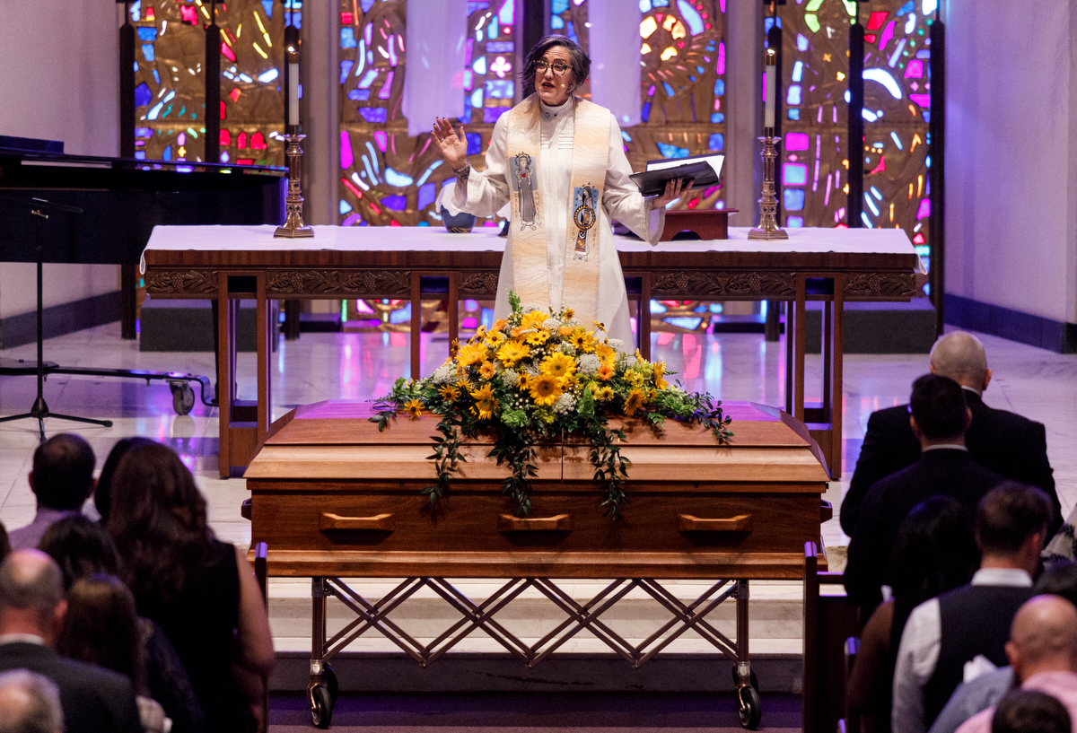 Rev. Nadia Bolz-Weber speaks during the funeral service for Christian author Rachel Held Evans at First-Centenary United Methodist Church on Saturday, June 1, 2019, in Chattanooga, Tenn. Evans was a Dayton, Tenn., resident who authored books including "A Year of Biblical Womanhood," "Searching for Sunday" and "Inspired: Slaying Giants, Walking on Water, and Loving the Bible Again."
