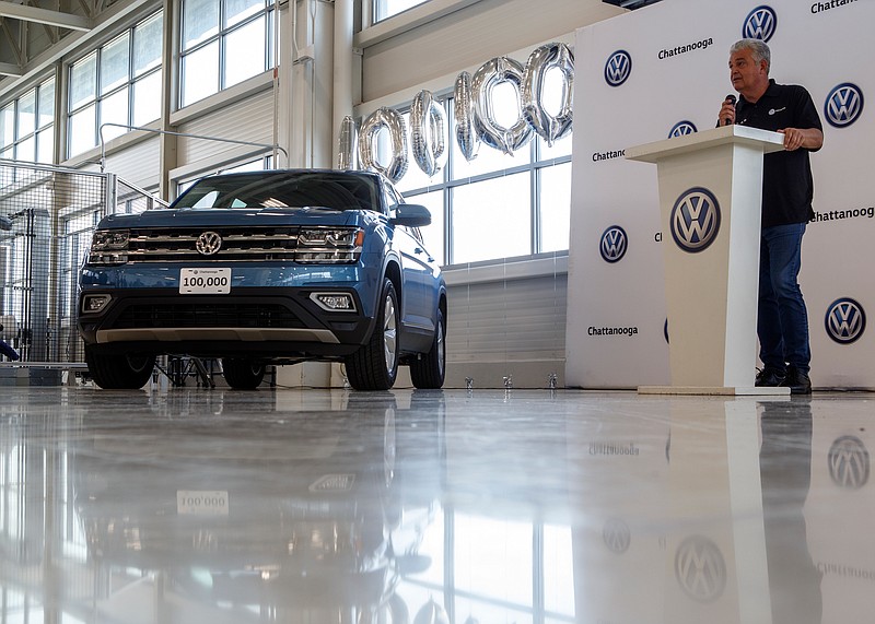 Antonio Pinto, former Chief Executive Officer for Volkswagen Chattanooga, speaks during a press conference unveiling the 100,000th Atlas SUV assembled in Chattanooga at the Volkswagen Academy last October.