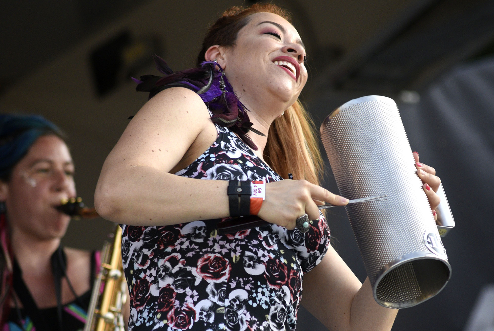 La Misa Negra lead vocalist Diana Trujillo plays the guira.