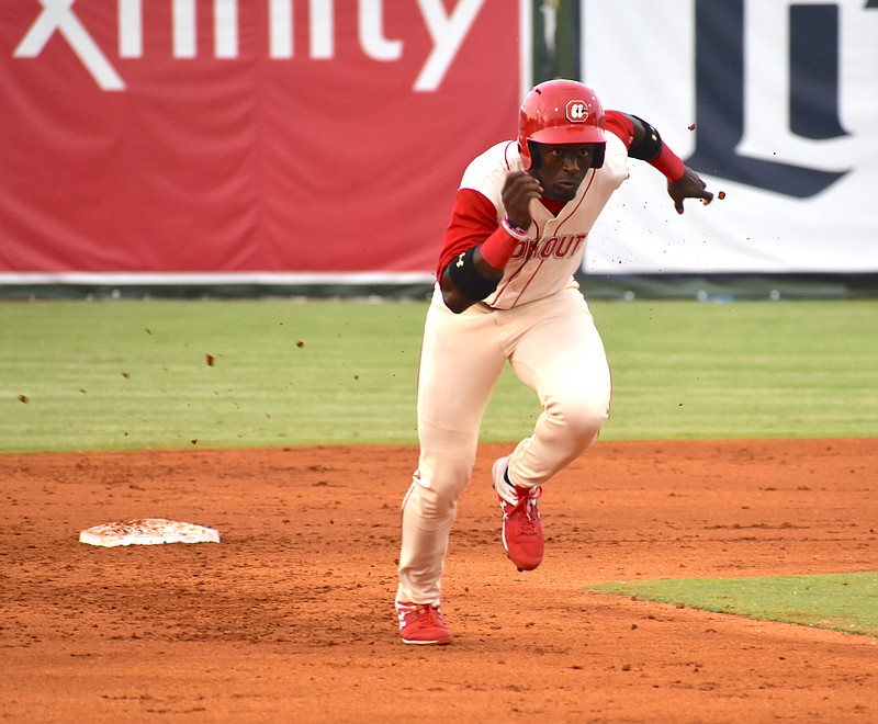 Chattanooga Lookouts speedster Taylor Trammell takes off for third base in Monday's 3-1 victory over Mobile. Trammell is second on the team with 13 stolen bases this year.