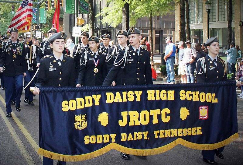 Soddy-Daisy High School JROTC participants march in Chattanooga's 70th Armed Forces Day parade on May 3, 2019. For the 35th year in a row, the school's Army JROTC program has been recognized as one of the top 5% of Army JROTC programs nationwide. Photo courtesy of Hamilton County Schools. Contributed Photo/Times Free Press. 