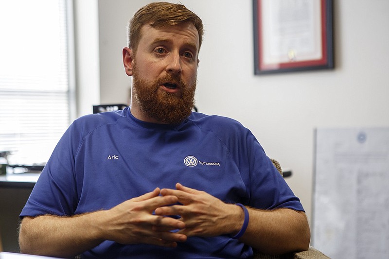 Aric Hankins speaks with the Times Free Press at International Brotherhood of Electrical Workers Local 175 on Thursday, May 23, 2019 in Chattanooga, Tenn.