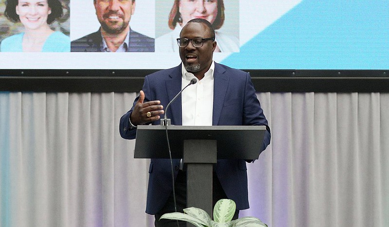 Marcus Shaw, the CEO of CO.LAB, opens up the HealthTech Accelerator Demo Day event at Unum Wednesday, June 5, 2019 in Chattanooga, Tennessee. The event was the culmination of CO.LAB's health care accelerator. Seven companies pitched their ideas to bring innovation to health care during the event.