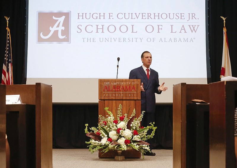 In this Sept. 20, 2018, photo, Hugh F. Culverhouse Jr., who pledged a $26.5 million donation to the University of Alabama law school, speaks during an event in Tuscaloosa, Ala. The university appears poised to reject the donation by Culverhouse, who recently called on students to boycott the university over the state's new abortion ban. (Gary Cosby Jr./The Tuscaloosa News via AP)

