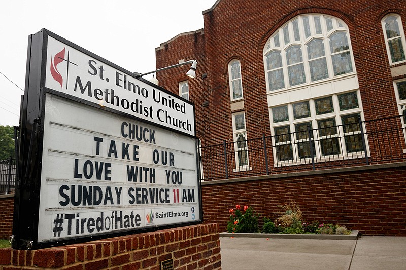 A sign is seen outside St. Elmo United Methodist Church on Friday, June 7, 2019, in Chattanooga, Tenn. 