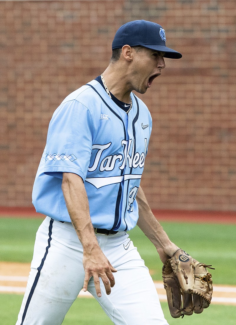 North Carolina pitcher Austin Bergner reacts after completing a scoreless inning during Sunday's game against Auburn.
