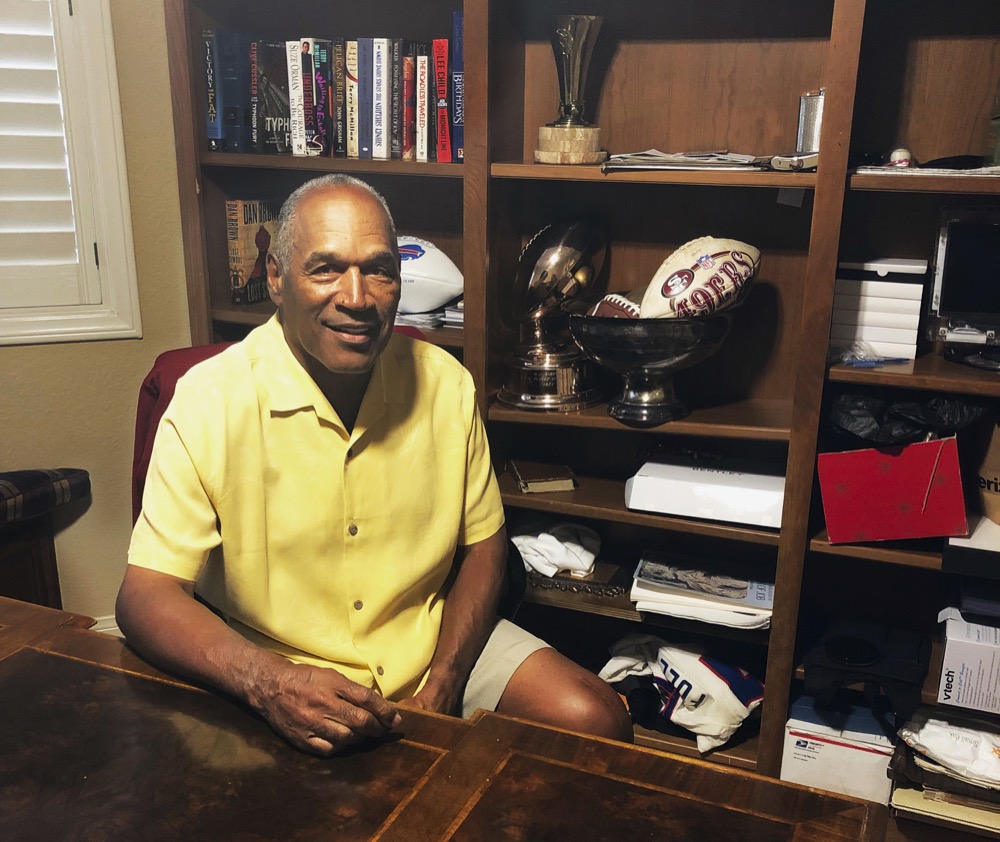 TIME FOR MOVEMENT AT 1 AM EDT MONDAY, JUNE 12 This photo shows O.J. Simpson in the of his Las Vegas-area home on Thursday, June 6, 2019. Simpson got into a series of minor legal scrapes following his 1995 acquittal of murder charges in the deaths of his wife Nicole Brown Simpson and her friend Ronald Goldman. His most serious transgression came in 2007, however, when he and five others barged into a Las Vegas hotel room with guns and robbed memorabilia dealers of property that Simpson, now 71, said was his. Sentenced to nine to 33 years in prison, he was paroled in 2017 and now lives quietly in Las Vegas where he says he plays golf nearly every day with a group of “retired guys.” (via AP)