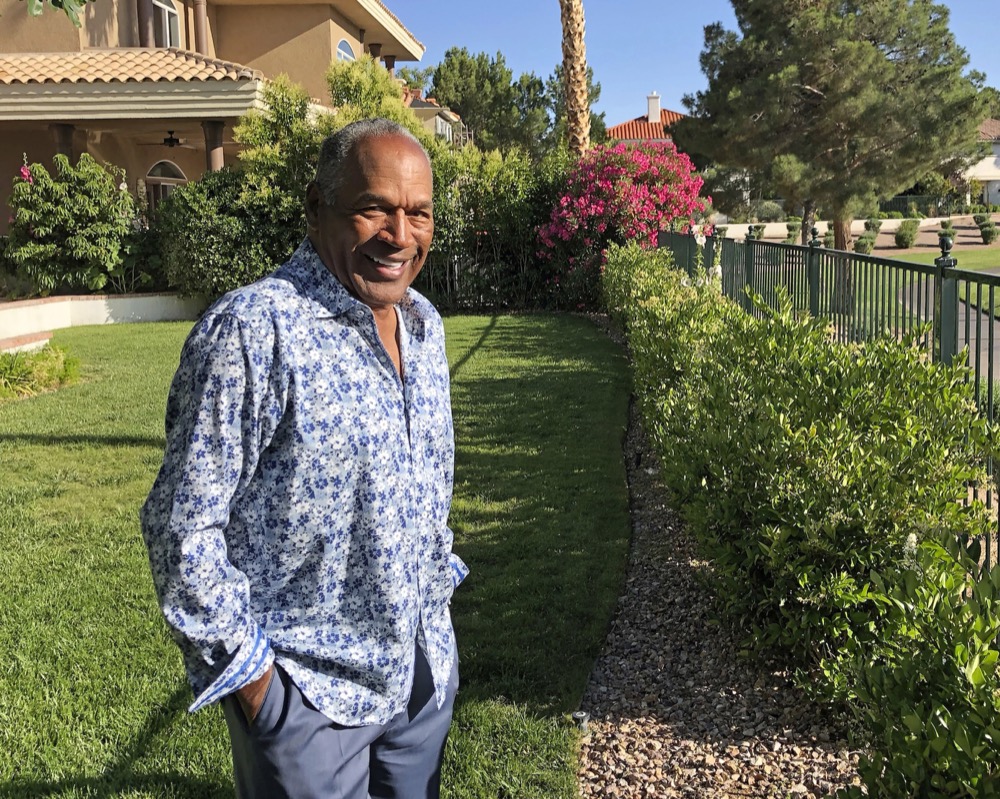 TIME FOR MOVEMENT AT 1 AM EDT MONDAY, JUNE 12 This photo provided by Didier J. Fabien shows O.J. Simpson in the garden of his Las Vegas-area home on Monday, June 3, 2019. Simpson got into a series of minor legal scrapes following his 1995 acquittal of murder charges in the deaths of his wife Nicole Brown Simpson and her friend Ronald Goldman. His most serious transgression came in 2007, however, when he and five others barged into a Las Vegas hotel room with guns and robbed memorabilia dealers of property that Simpson, now 71, said was his. Sentenced to nine to 33 years in prison, he was paroled in 2017 and now lives quietly in Las Vegas where he says he plays golf nearly every day with a group of “retired guys.” (Didier J. Fabien via AP)