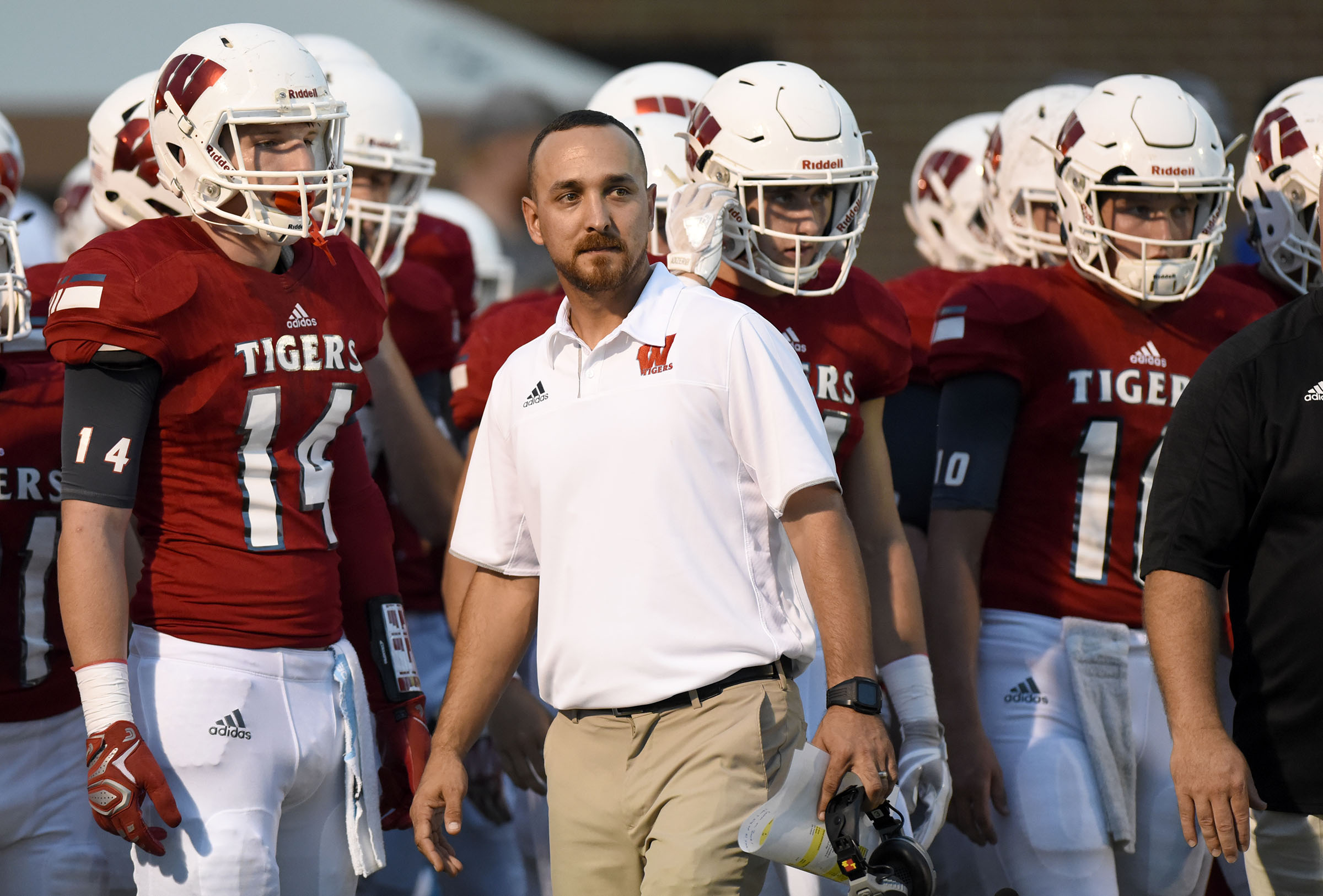 Whitwell first-year coach Randall Boldin stands with his team before the game. The Sequatchie Valley Football Jamboree was held at Sequatchie Valley High School In Dunlap on August 11, 2017.