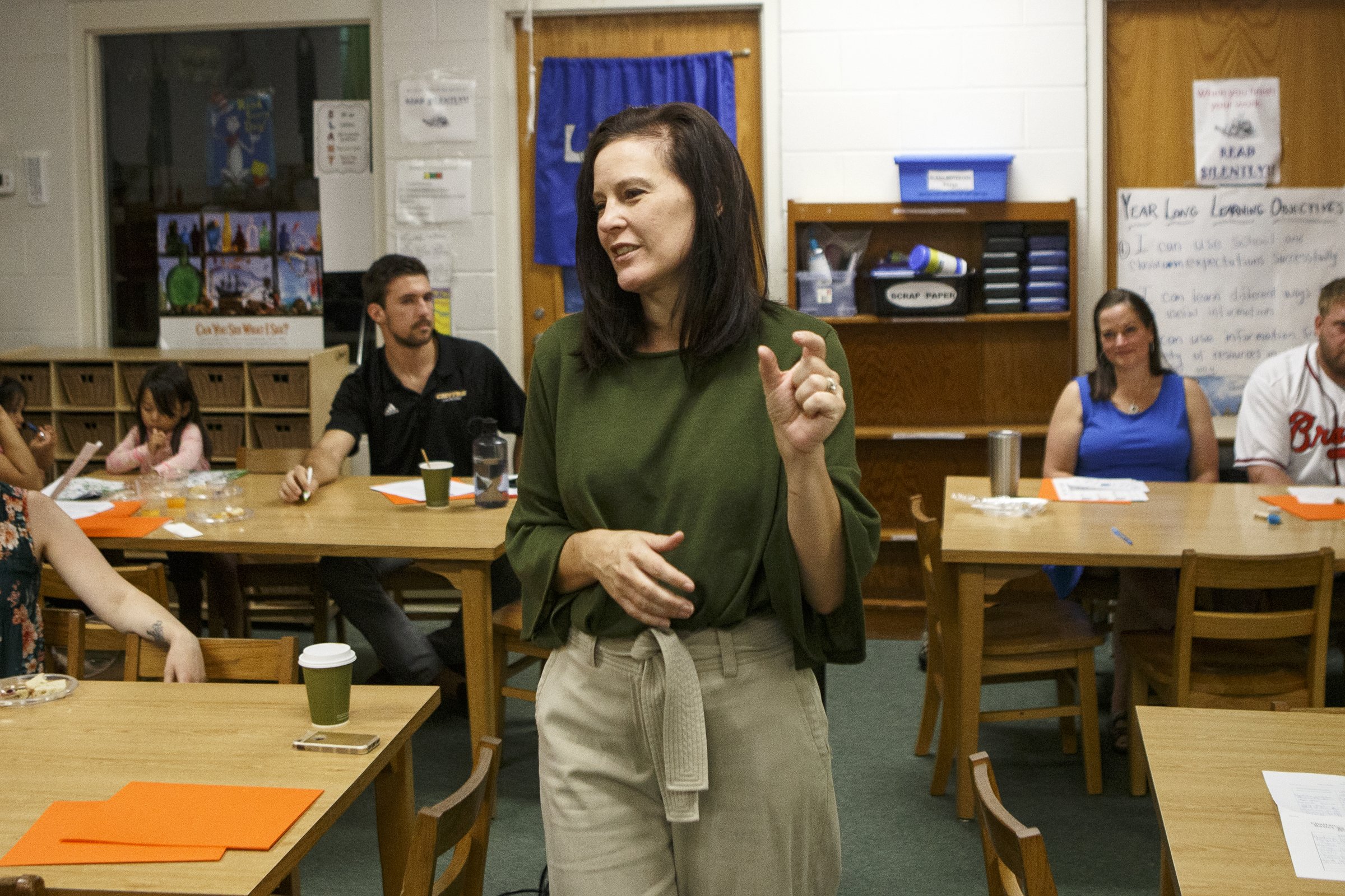 Sheri Fava, with the Early Matters coalition, leads a parent engagement session during Camp K at Bess T. Shepherd Elementary School on Tuesday, June 11, 2019 in Chattanooga, Tenn. During the month of June, Camp K is providing over 400 rising kindergartners across 15 Hamilton County public schools access to foundational English and literacy skills and social-emotional experiences.