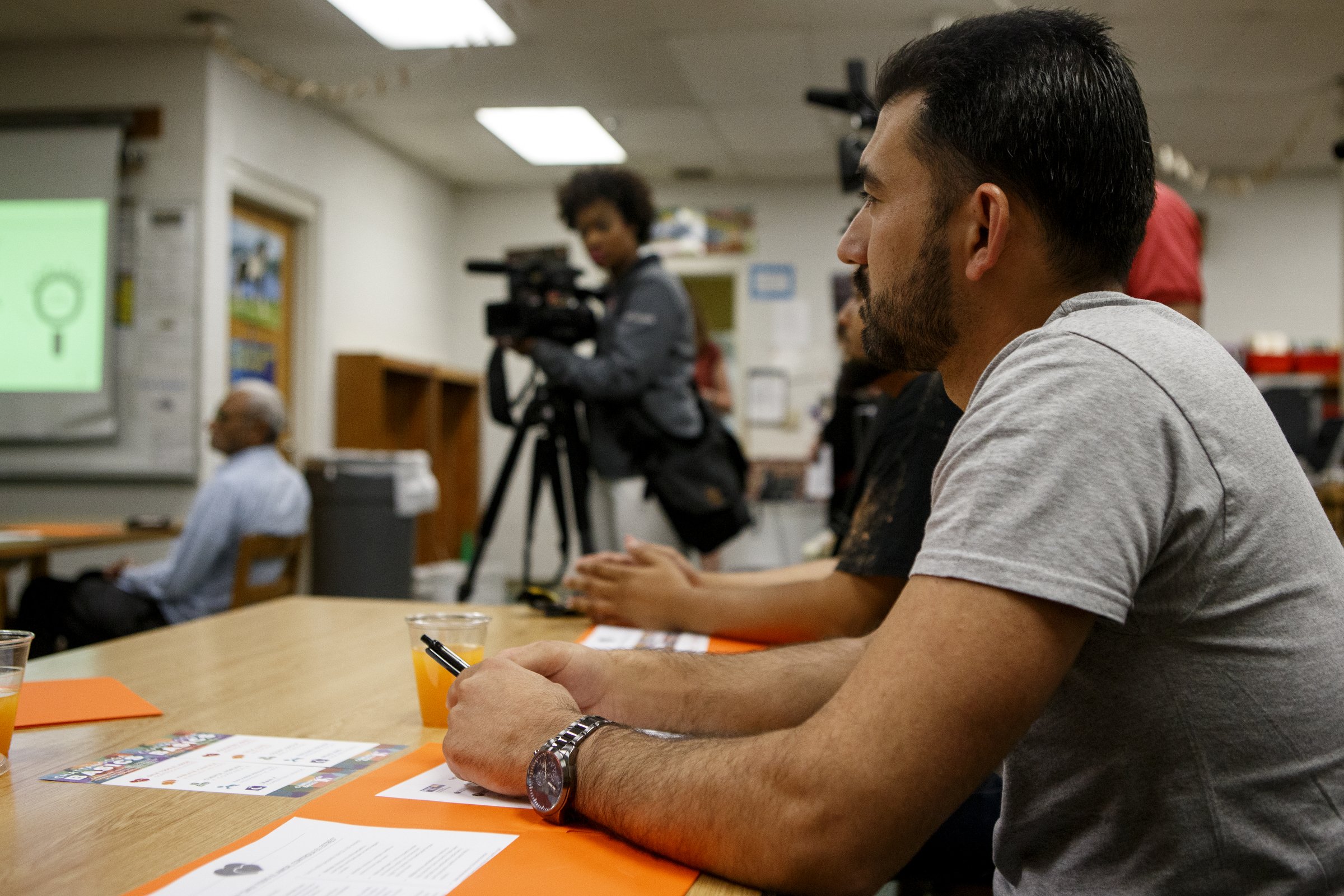Donald Garcia listens during a parent engagement session during Camp K at Bess T. Shepherd Elementary School on Tuesday, June 11, 2019 in Chattanooga, Tenn. During the month of June, Camp K is providing over 400 rising kindergartners across 15 Hamilton County public schools access to foundational English and literacy skills and social-emotional experiences.