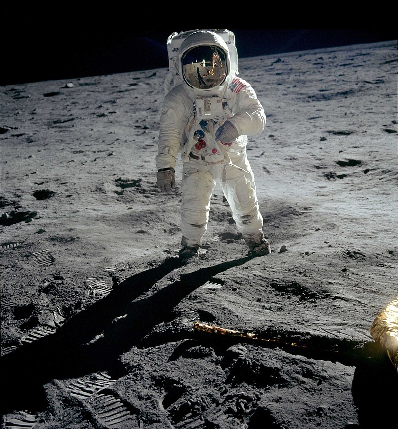 Astronaut Buzz Aldrin on the surface of the moon. / Statement Pictures for CNN Films/MacGillivray Freeman Films