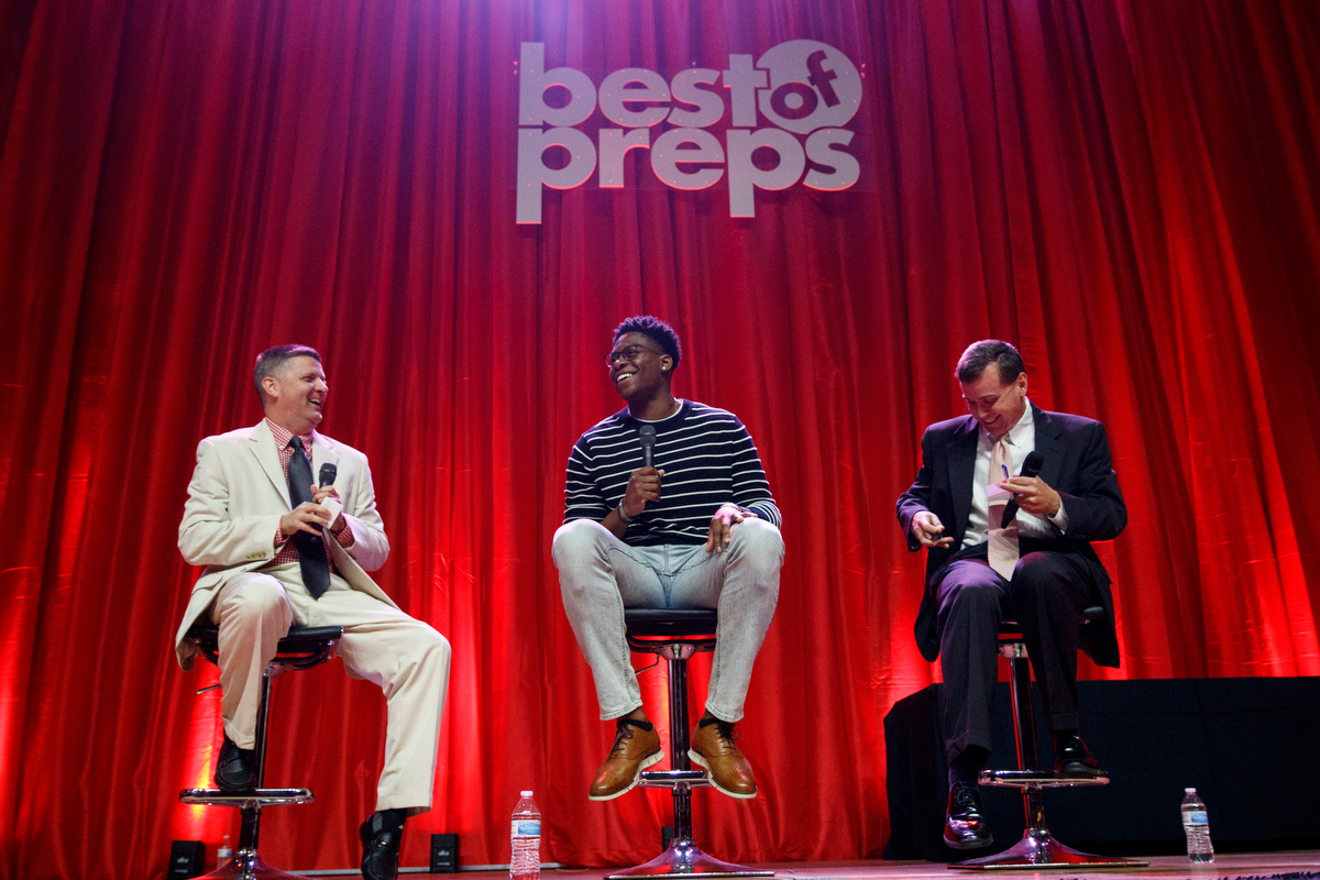 Stephen Hargis, left, and David Paschall, right, interview former Tennessee basketball player Admiral Schofield during the Times Free Press's Best of Preps Banquet at the Chattanooga Convention Center on Tuesday, June 11, 2019, in Chattanooga, Tenn. Schofield was the guest athlete at the dinner honoring area high school athletes.