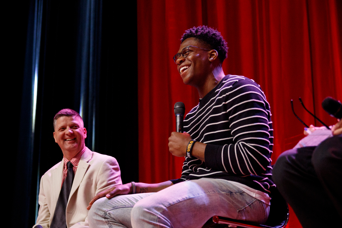 Stephen Hargis, left, interviews former Tennessee basketball player Admiral Schofield during the Times Free Press's Best of Preps Banquet at the Chattanooga Convention Center on Tuesday, June 11, 2019, in Chattanooga, Tenn. Schofield was the guest athlete at the dinner honoring area high school athletes.