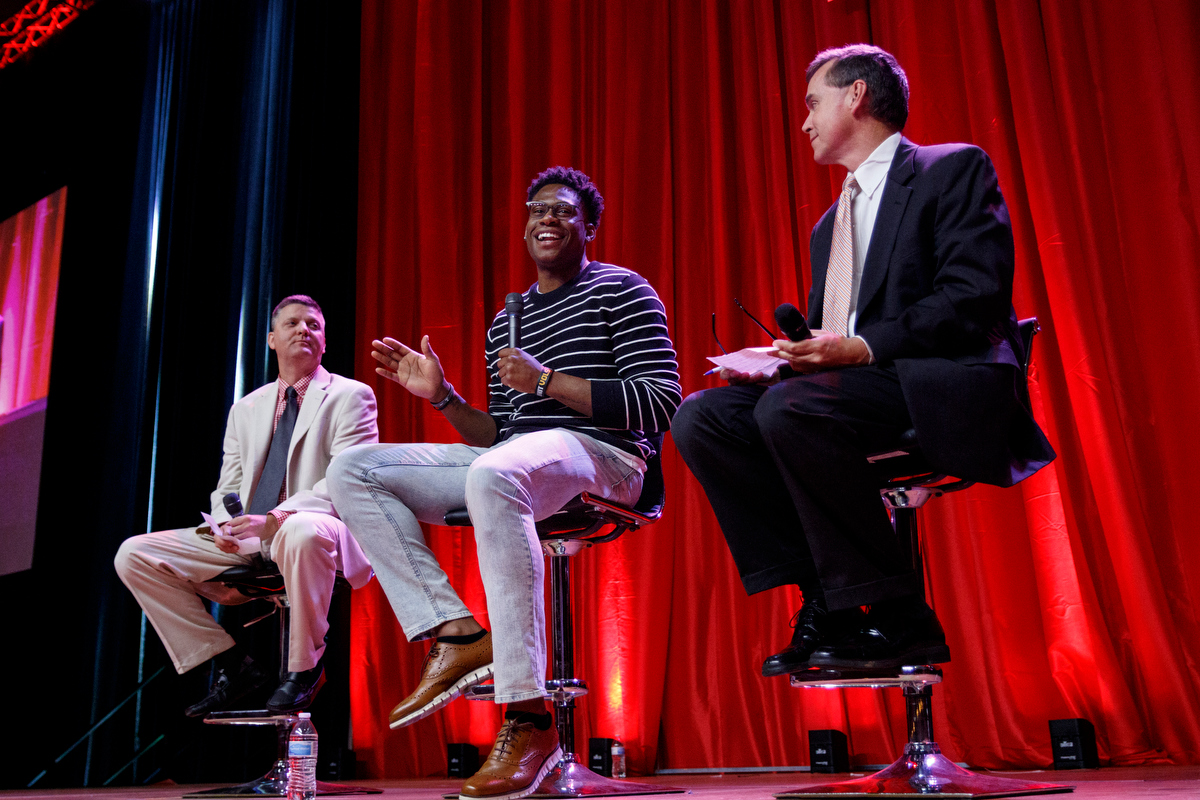 Stephen Hargis, left, and David Paschall, right, interview former Tennessee basketball player Admiral Schofield during the Times Free Press's Best of Preps Banquet at the Chattanooga Convention Center on Tuesday, June 11, 2019, in Chattanooga, Tenn. Schofield was the guest athlete at the dinner honoring area high school athletes.