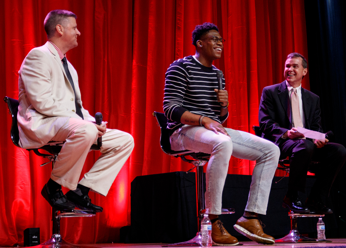Stephen Hargis, left, and David Paschall, right, interview former Tennessee basketball player Admiral Schofield during the Times Free Press's Best of Preps Banquet at the Chattanooga Convention Center on Tuesday, June 11, 2019, in Chattanooga, Tenn. Schofield was the guest athlete at the dinner honoring area high school athletes.