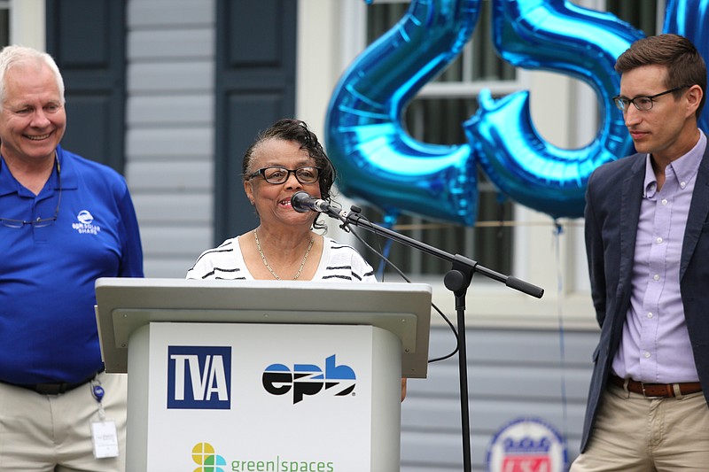 Hazel Benford, a homeowner on Fairleigh Street, speaks about the benefits the Home Energy Upgrade program has provided her during a press conference Wednesday, June 12, 2019 in Chattanooga, Tennessee. Benford's home is one of 250 homes that have undergone energy efficiency renovations through the Home Energy Upgrade program.