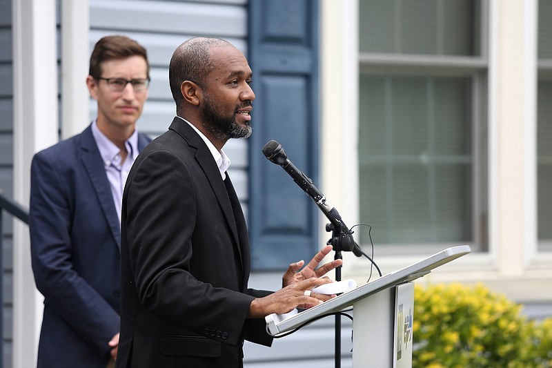 Chattanooga Councilman Anthony Byrd speaks about the importance of helping struggling families with lowering the cost of their energy bills during a press conference on Fairleigh Street Wednesday, June 12, 2019 in Chattanooga, Tennessee. The Fairleigh Street home is one of 250 homes that have undergone energy efficiency renovations through the Home Energy Upgrade program.