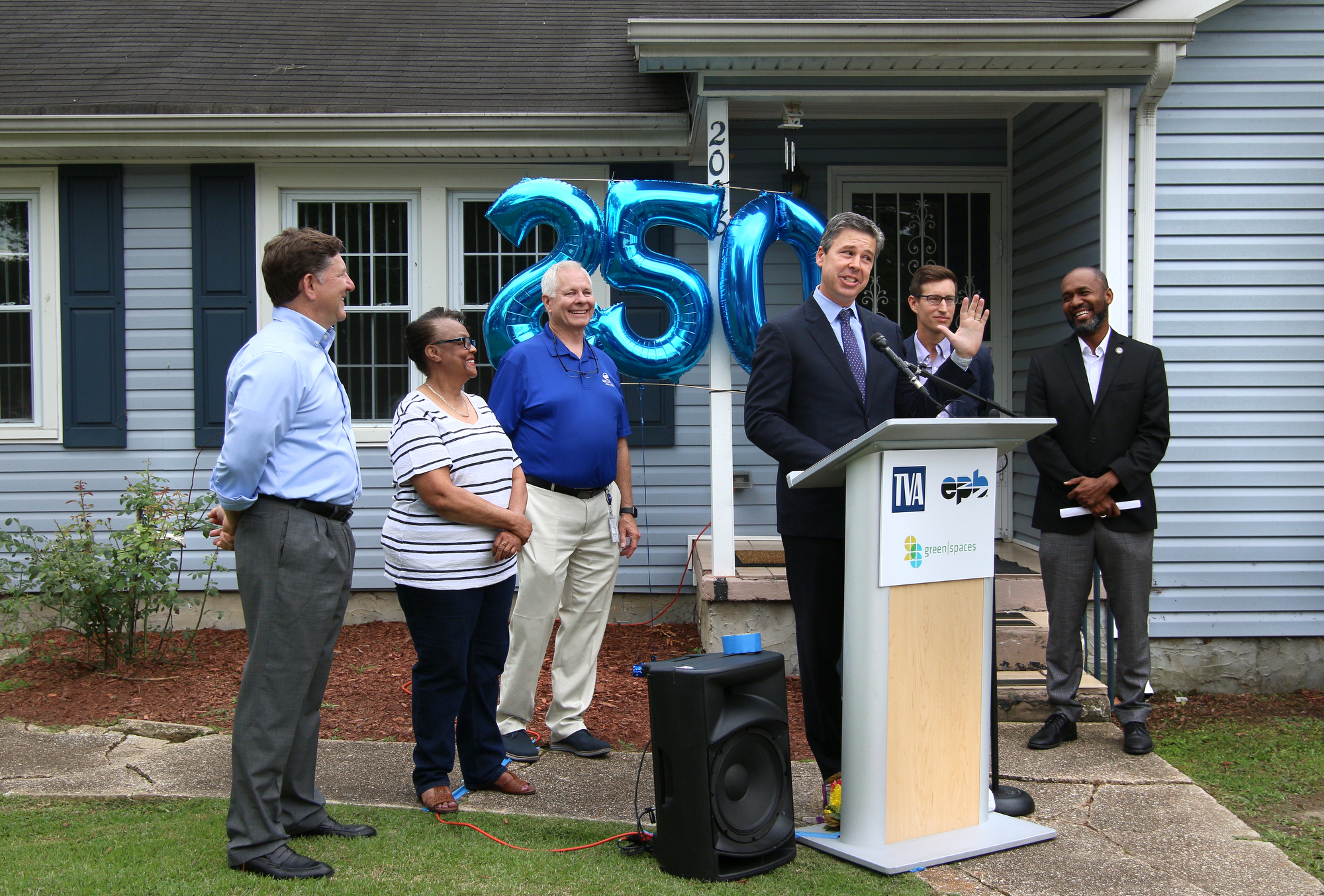 Chattanooga Mayor Andy Berke speaks about the partnership between various companies in the community that makes providing energy efficiency renovations possible during a press conference Wednesday, June 12, 2019 in Chattanooga, Tennessee. The Home Energy Upgrade program is a result of a partnership between EPB, Tennessee Valley Authority and Green Spaces.